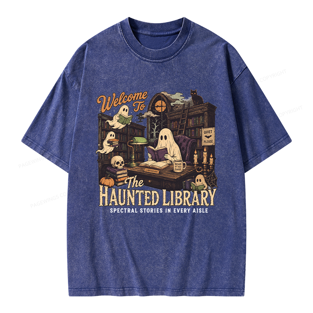 Pagewings Haunted Library Unisex Washed T-shirt