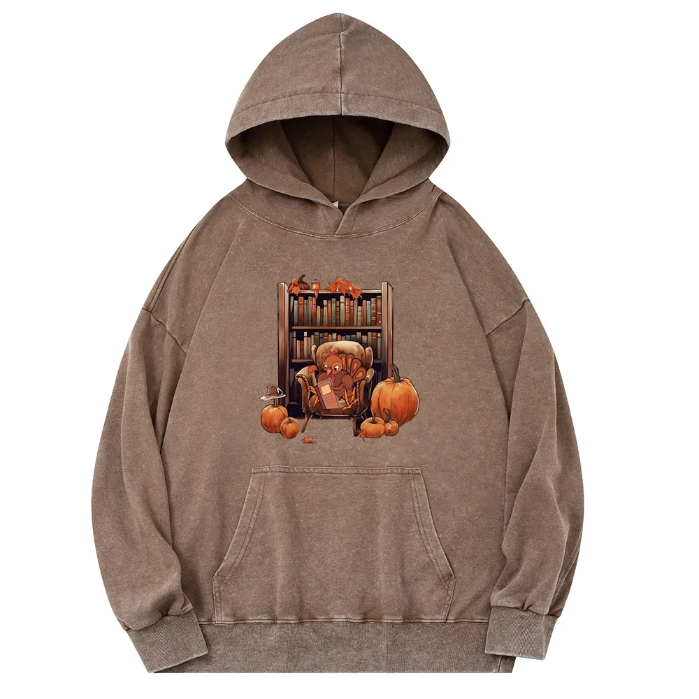 Pagewings Thanksgiving Turkey Reading Unisex Washed Hoodie