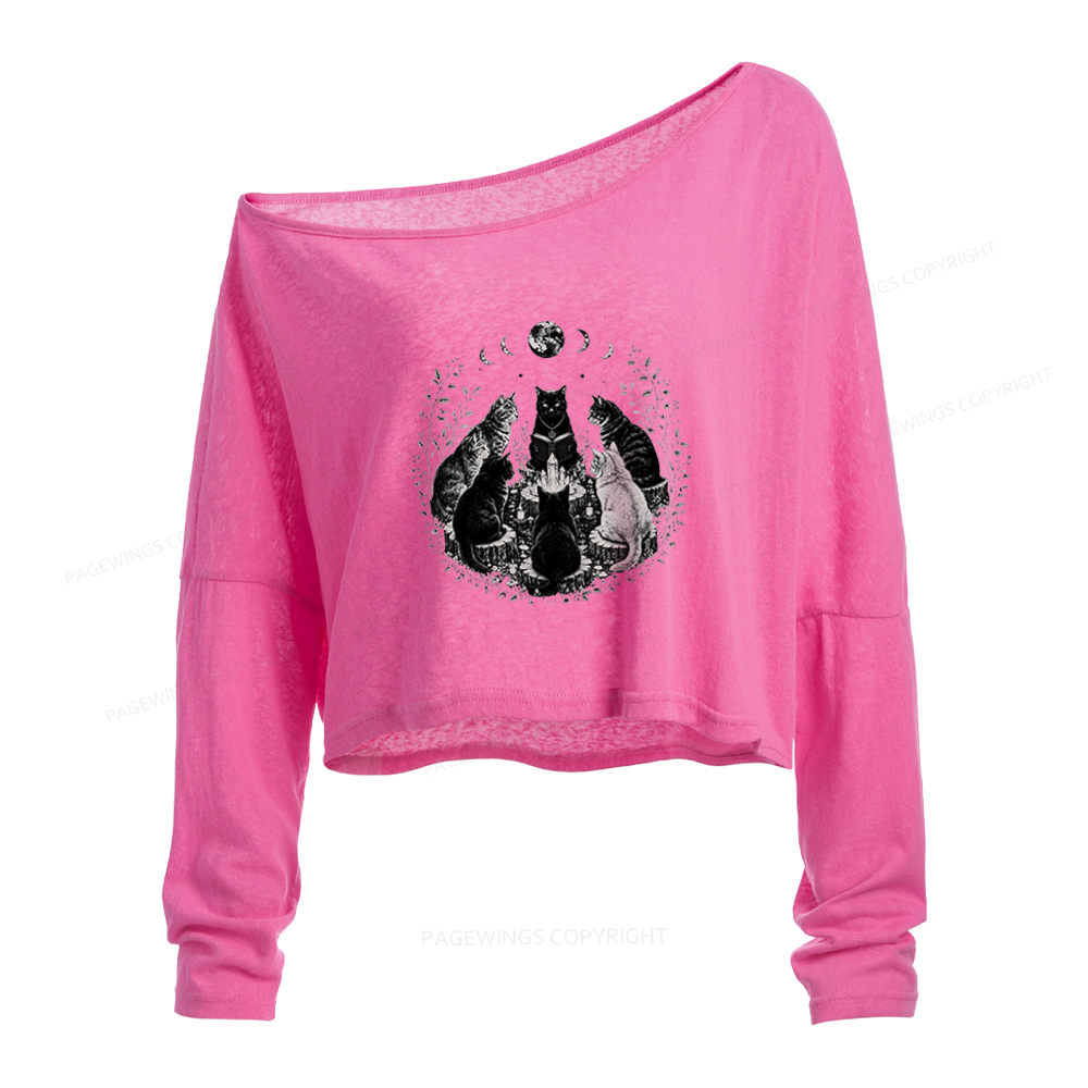 Pagewings Mystical Black Cat Slouchy Long Sleeve Off Shoulder T-shirt