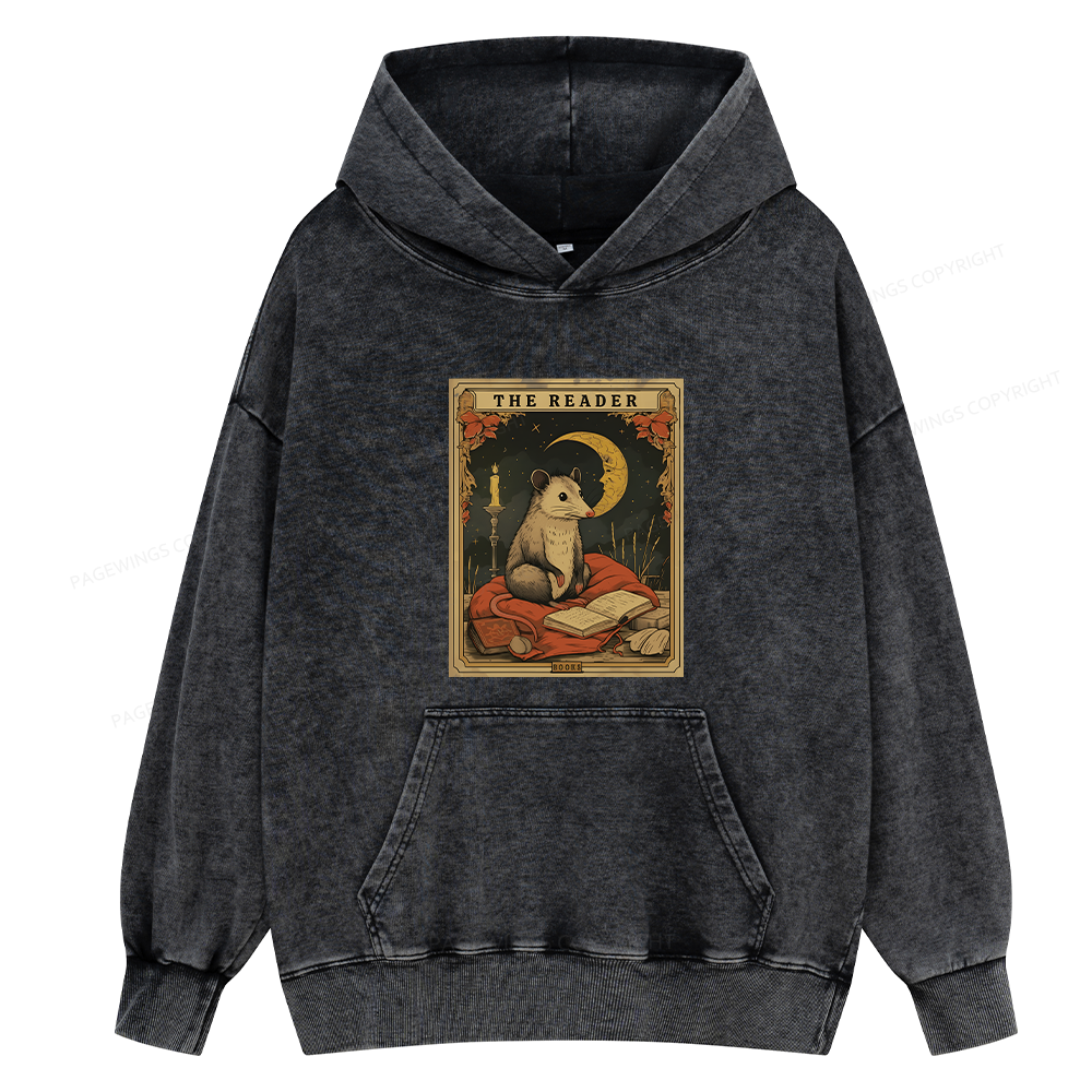 Pagewings The Reader Opossum Tarot Card Unisex Washed Hoodie