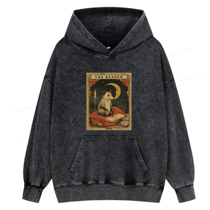 Pagewings The Reader Opossum Tarot Card Unisex Washed Hoodie