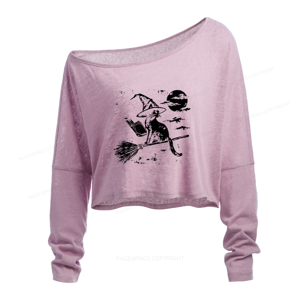 Pagewings Witchy Cat Slouchy Long Sleeve Off Shoulder T-shirt