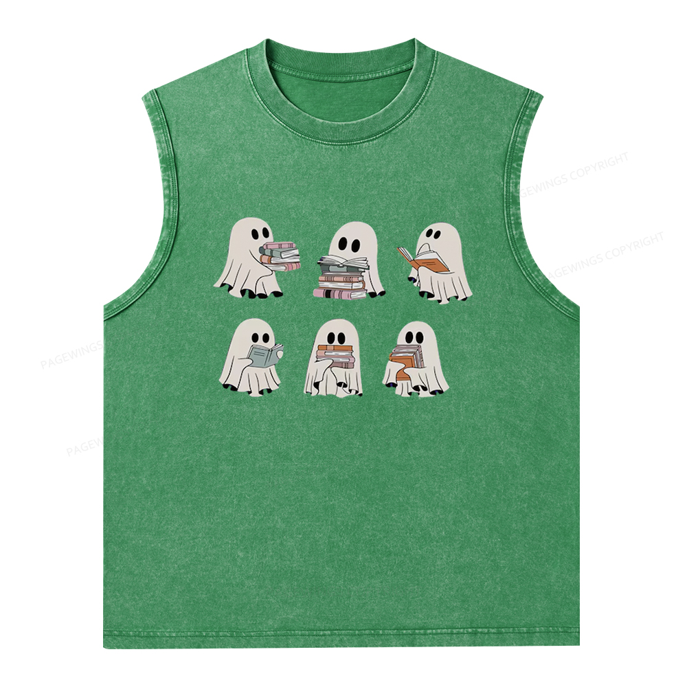 Pagewings Ghost Reading Halloween Unisex Washed Tank Top