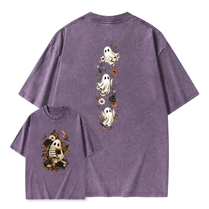 Pagewings Halloween Floral Ghost Bookish Unisex Washed T-shirt
