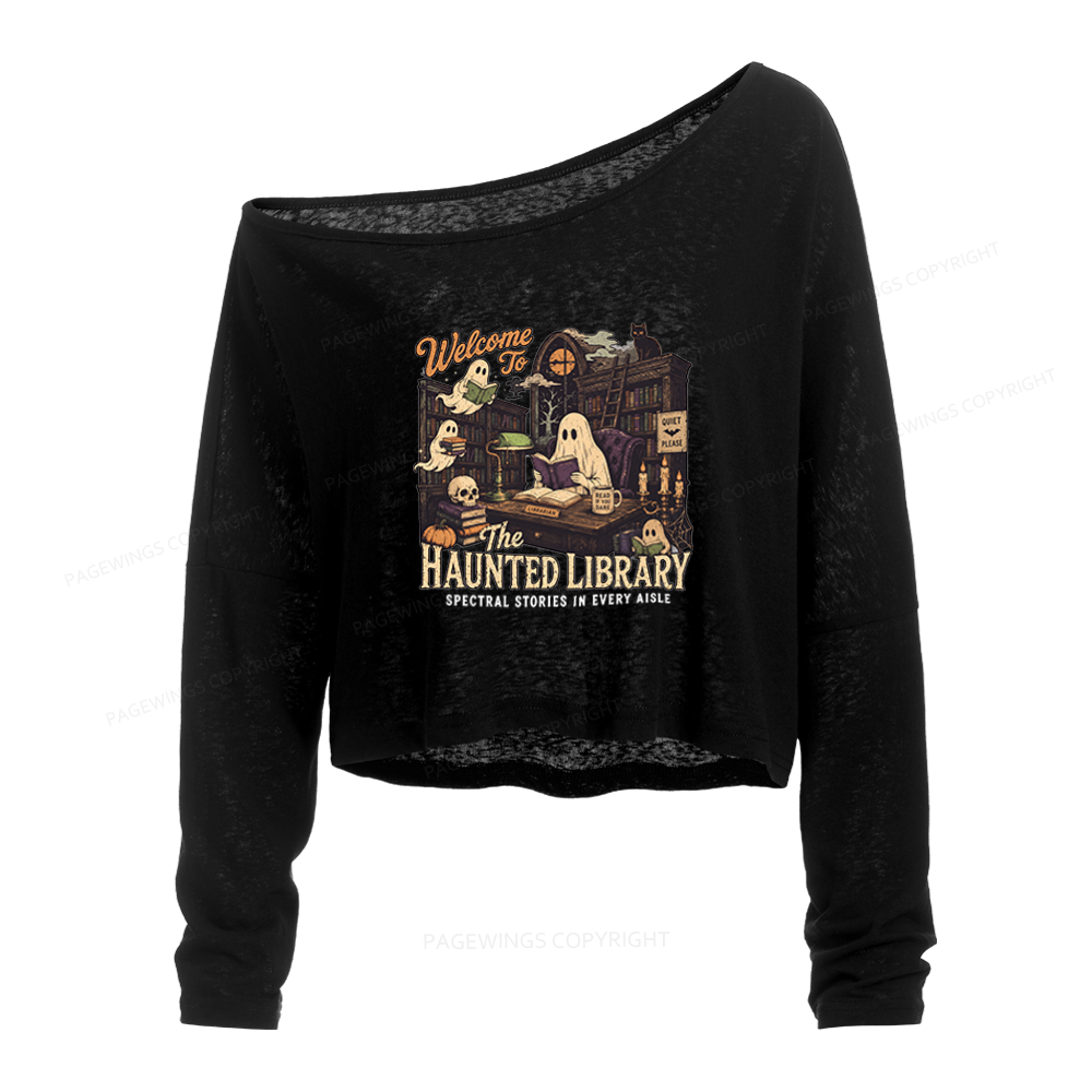 Pagewings Haunted Library Slouchy Long Sleeve Off Shoulder T-shirt