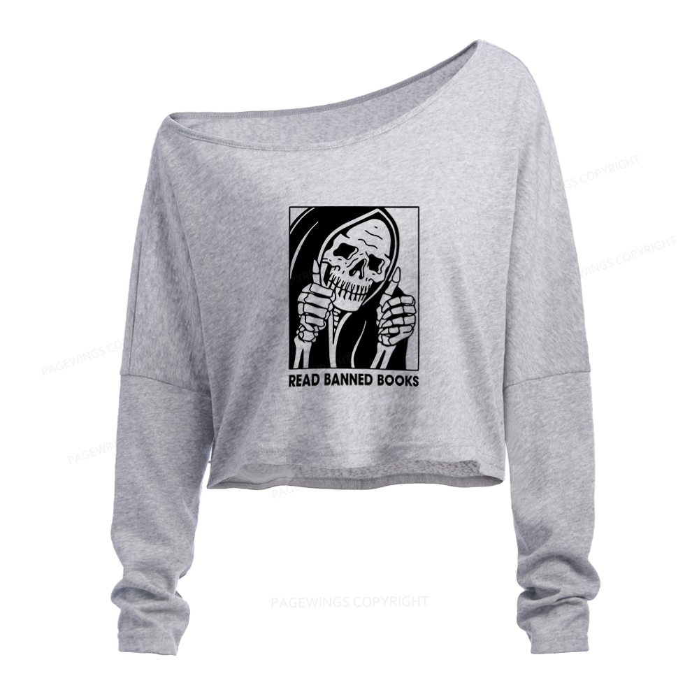 Pagewings Read Banned Books Slouchy Long Sleeve Off Shoulder T-shirt