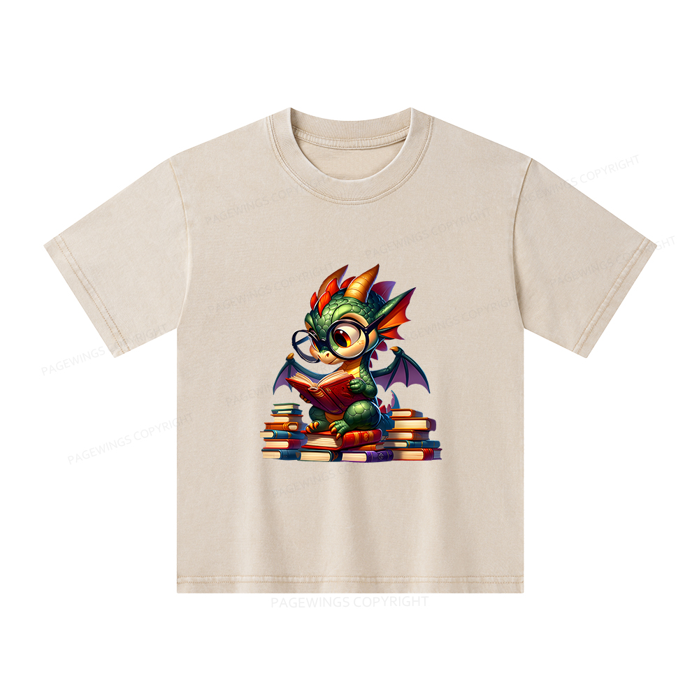 Pagewings Dragon And Books Unisex Kids Washed T-shirt