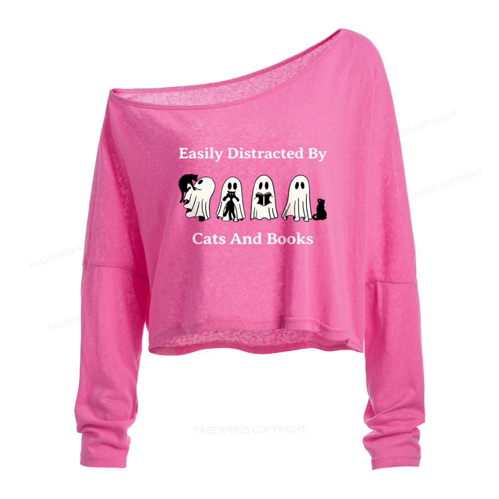 Pagewings Easily Distracted By Cats And Books Slouchy Long Sleeve Off Shoulder T-shirt