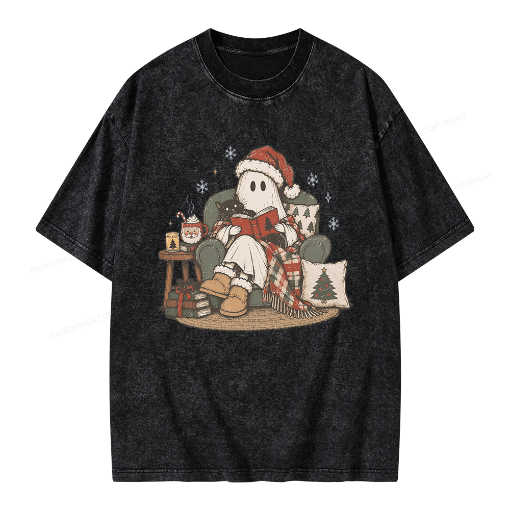Pagewings Christmas Ghost Reading Unisex Washed T-shirt