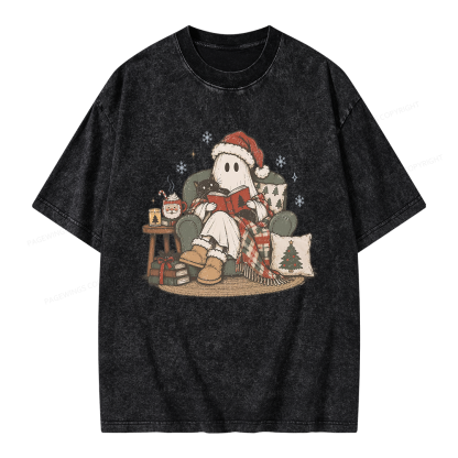Pagewings Christmas Ghost Reading Unisex Washed T-shirt