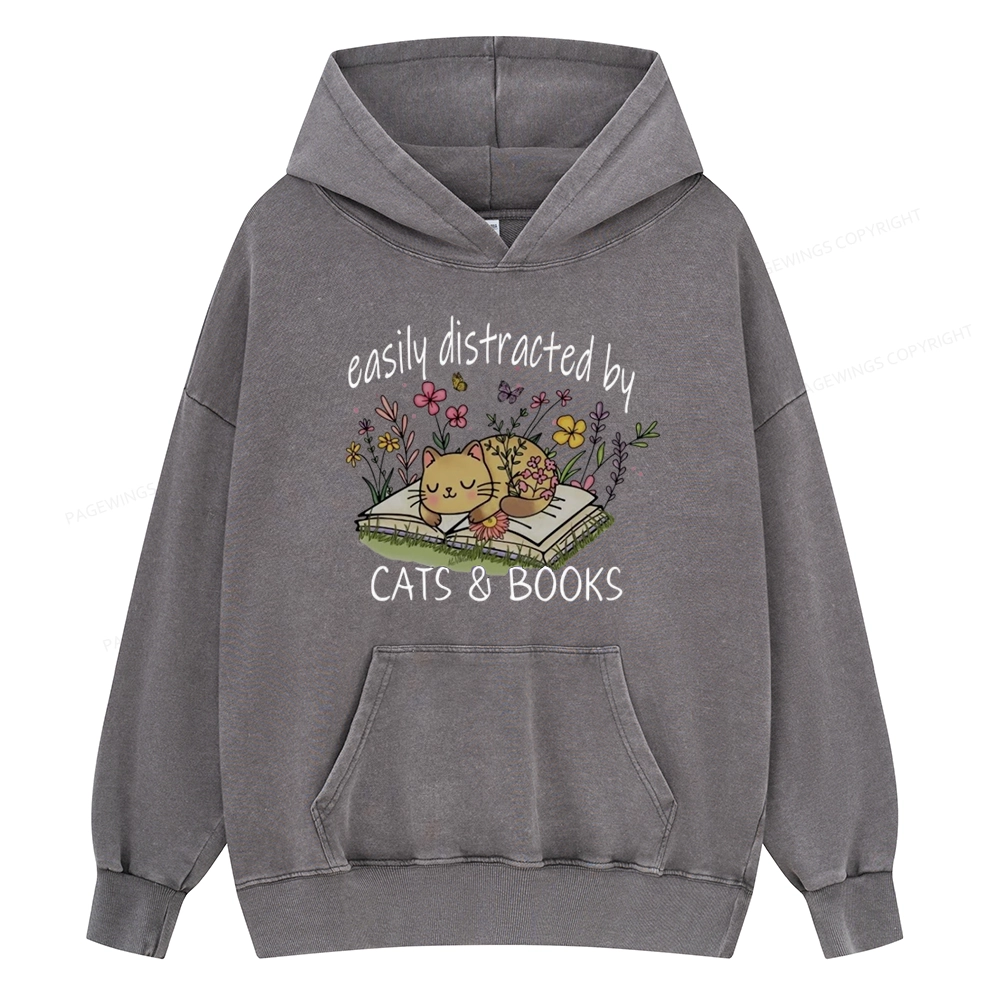 Pagewings Easily Distracted By Cats And Books Unisex Washed Hoodie