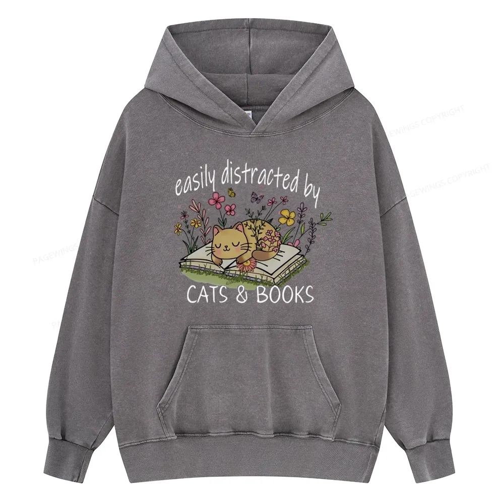Pagewings Easily Distracted By Cats And Books Unisex Washed Hoodie