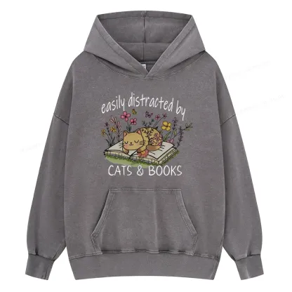 Pagewings Easily Distracted By Cats And Books Unisex Washed Hoodie