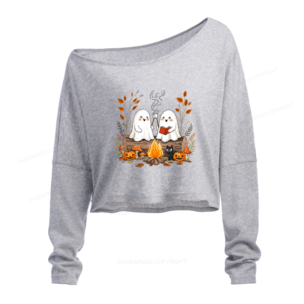 Pagewings Cute Ghost Halloween Slouchy Long Sleeve Off Shoulder T-shirt