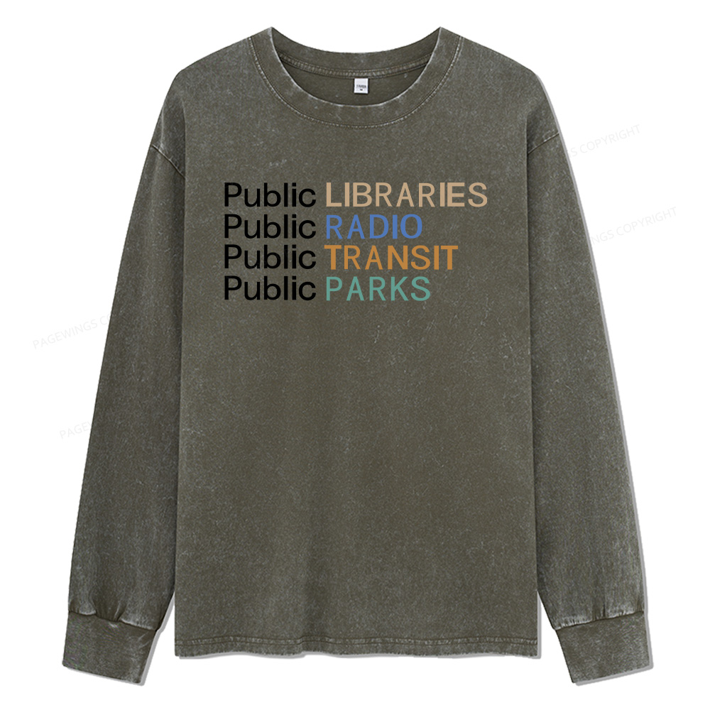 Pagewings Public Libraries Radio Transit Parks Unisex Washed Long Sleeve T-shirt