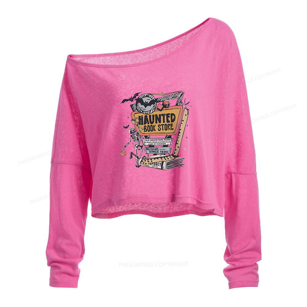 Pagewings 90s Vintage Haunted Book Store Slouchy Long Sleeve Off Shoulder T-shirt