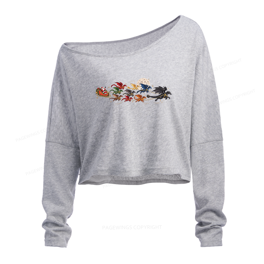 Pagewings Christmas Dragon Bookish Slouchy Long Sleeve Off Shoulder T-shirt