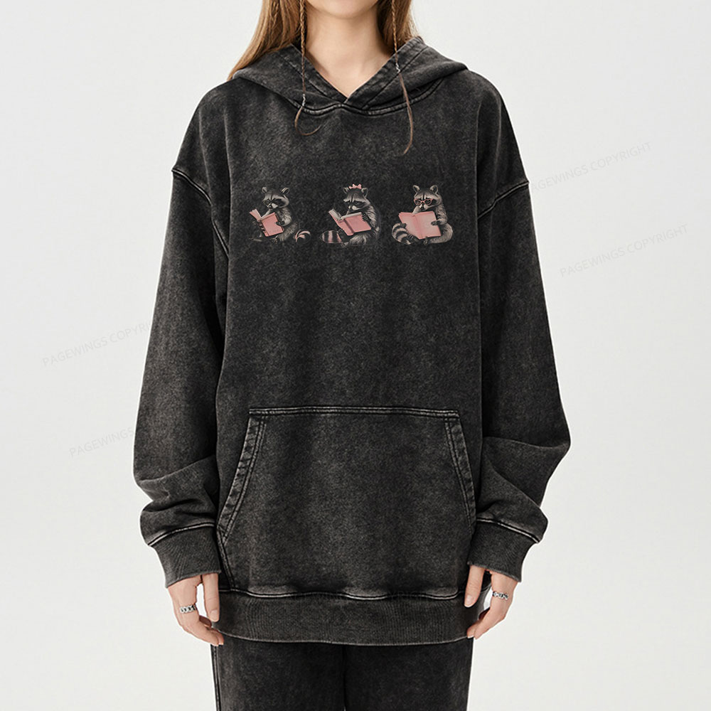 Pagewings Funny Raccoon Bookish Gift Unisex Washed Hoodie