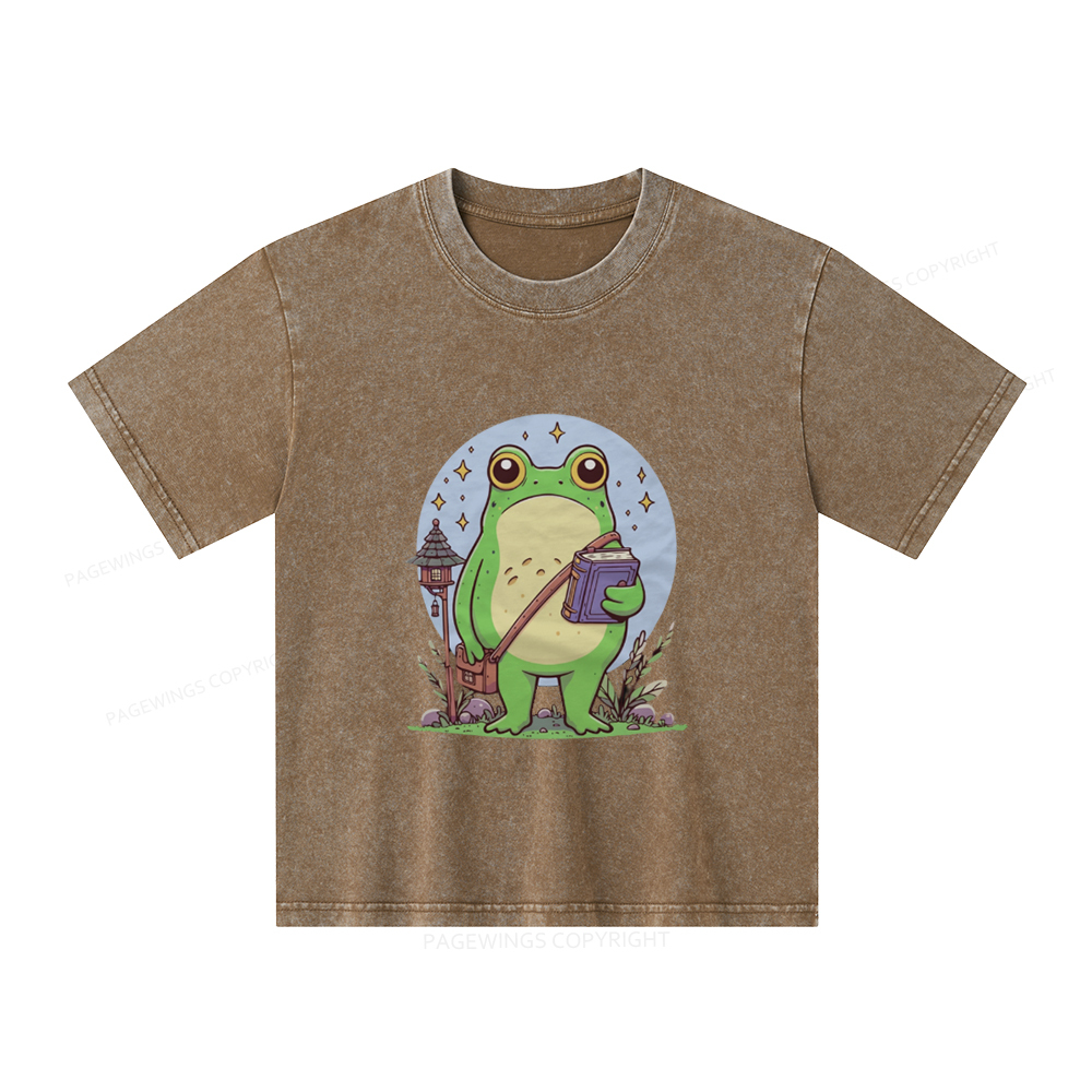Pagewings Frog Reading Book Unisex Kids Washed T-shirt