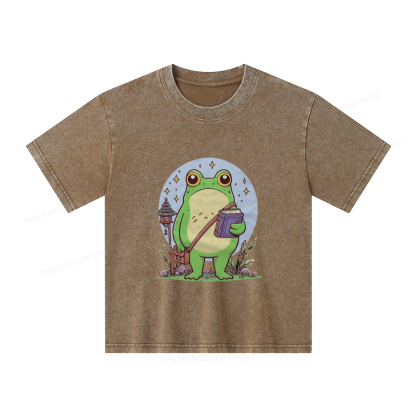 Pagewings Frog Reading Book Unisex Kids Washed T-shirt