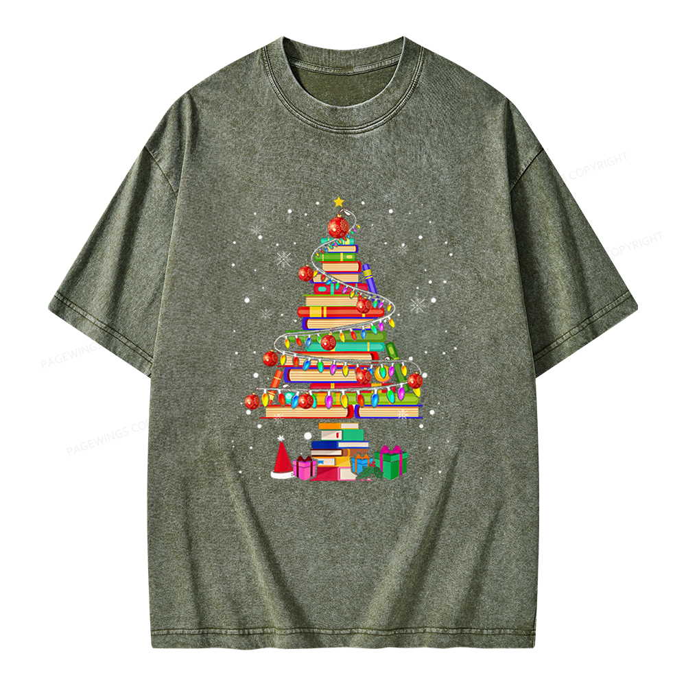 Pagewings Merry Christmas Library Tree Unisex Washed T-shirt