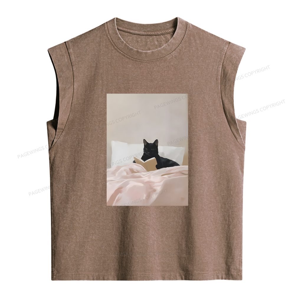 Pagewings Cat Reading in Bed Women's Washed Tank Top