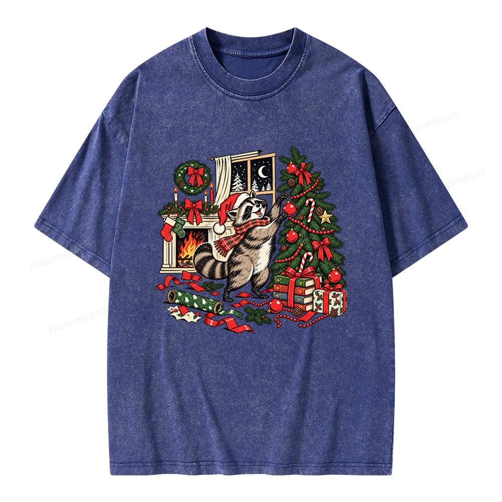 Pagewings Feral Raccoon Christmas Unisex Washed T-shirt