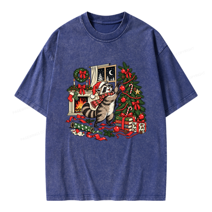 Pagewings Feral Raccoon Christmas Unisex Washed T-shirt