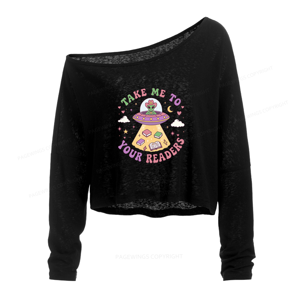 Pagewings Cute Alien Reading Slouchy Long Sleeve Off Shoulder T-shirt