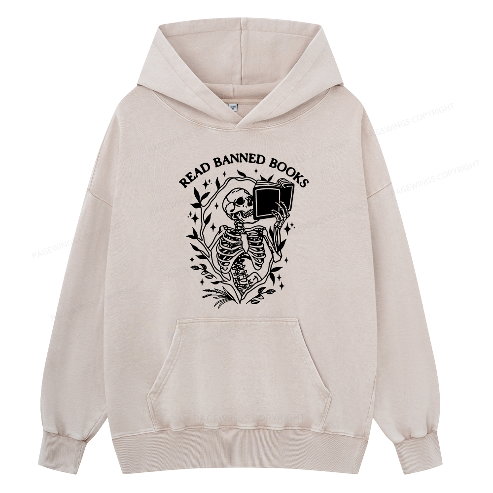 Pagewings Read Banned Books Skeleton Unisex Washed Hoodie
