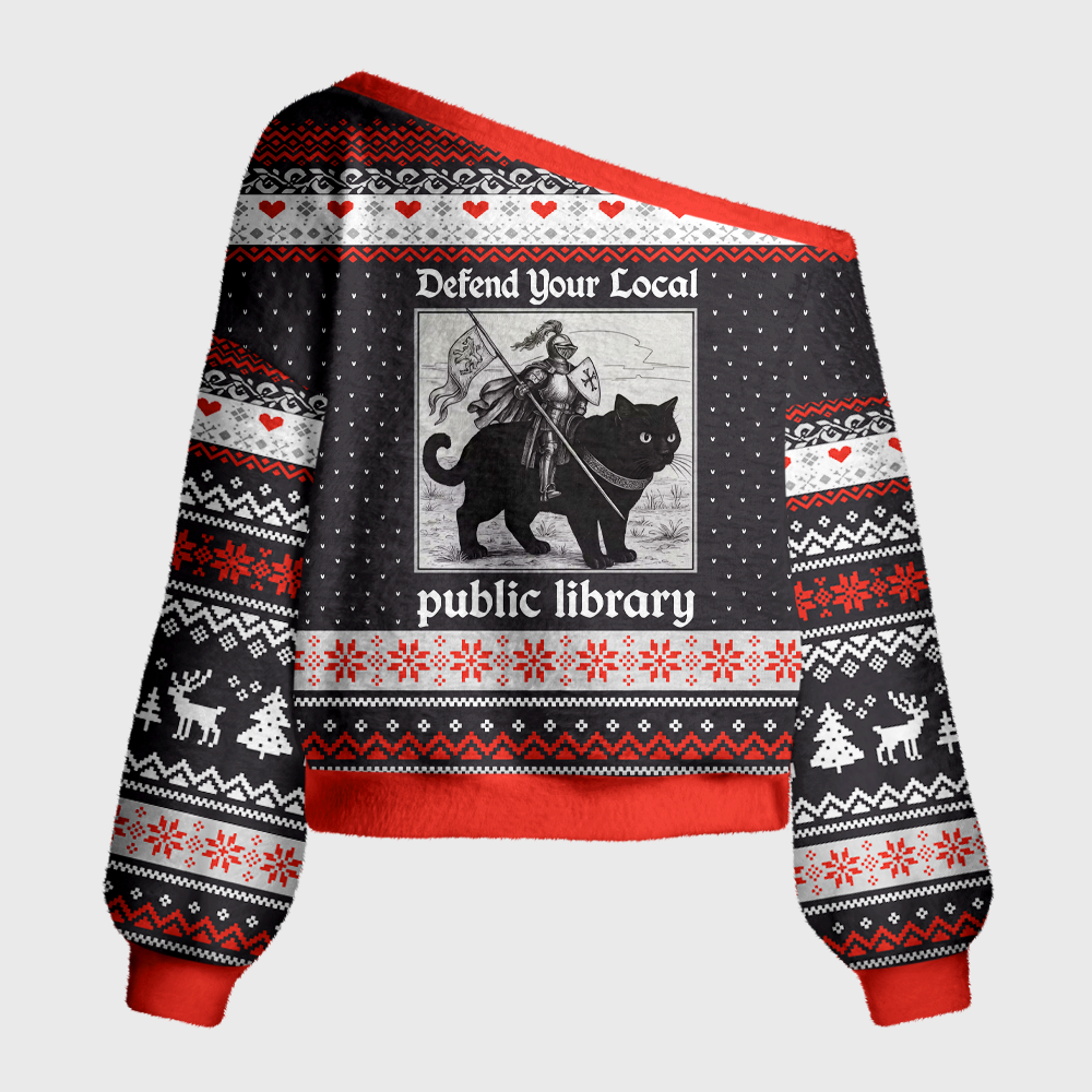 Pagewings Defend Your Local Public Library Off Shoulder Ugly Knit Sweater
