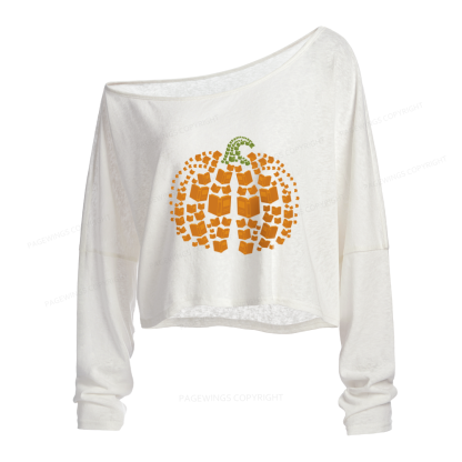 Pagewings Thanksgiving Book Pumpkin Slouchy Long Sleeve Off Shoulder T-shirt