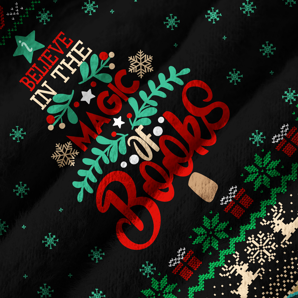 Pagewings Believe In The Magic Of Books Off Shoulder Ugly Knit Sweater