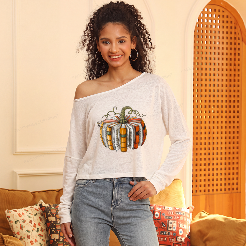 Pagewings Fall Book Pumpkin Slouchy Long Sleeve Off Shoulder T-shirt