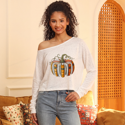 Pagewings Fall Book Pumpkin Slouchy Long Sleeve Off Shoulder T-shirt