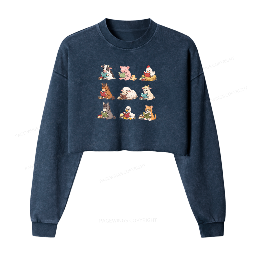 Pagewing Farm Animals Reading Washed Crop Sweatshirt