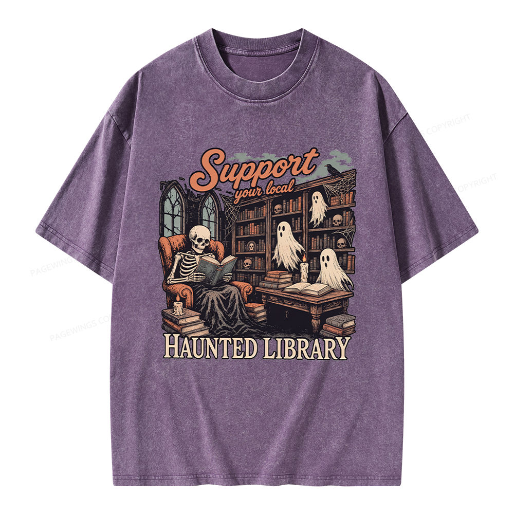 Pagewings Support Your Local Haunted Library Unisex Washed T-shirt