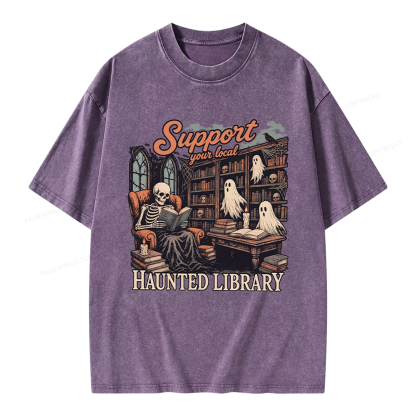 Pagewings Support Your Local Haunted Library Unisex Washed T-shirt