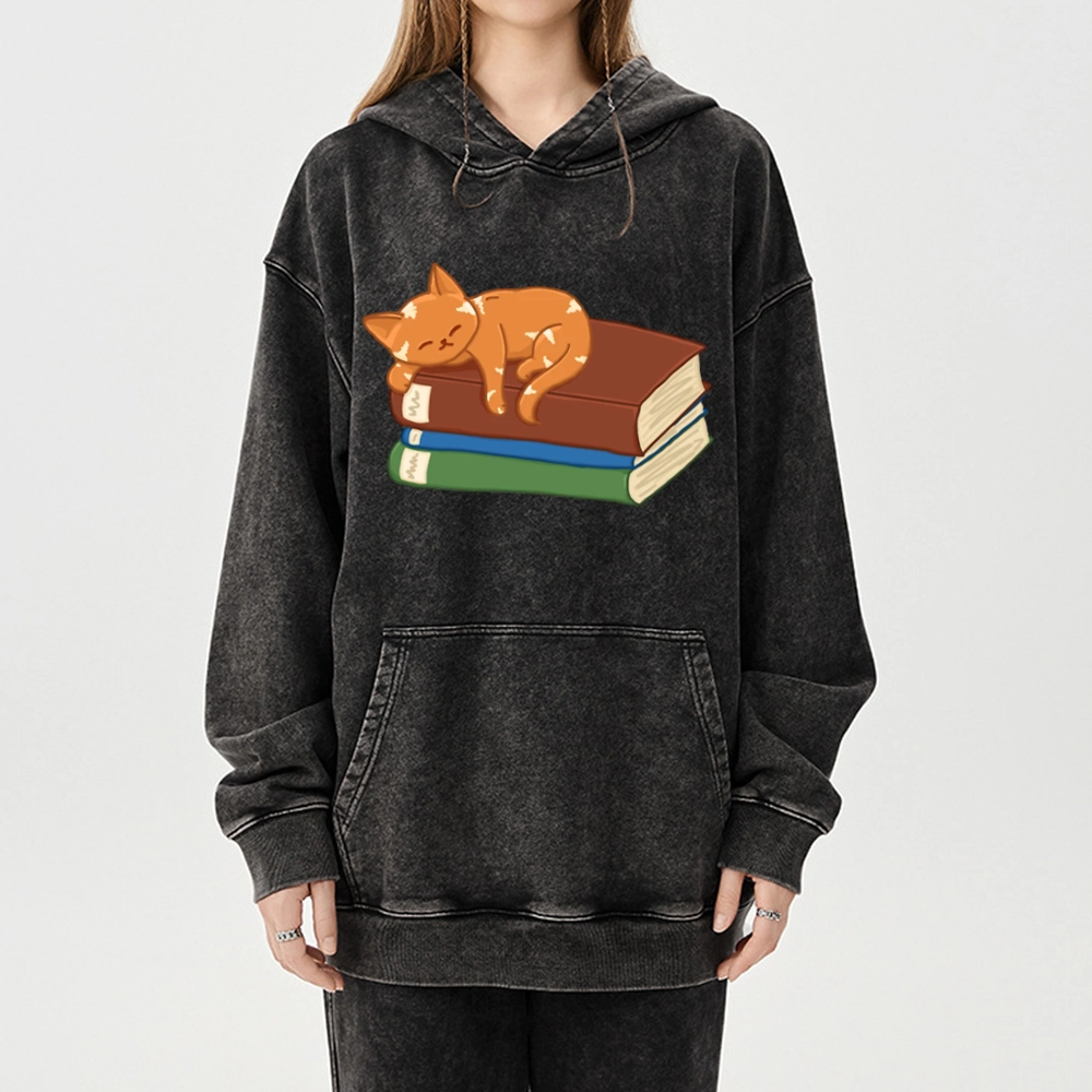 Pagewings Orange Book Cat Unisex Washed Hoodie