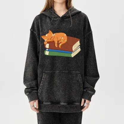 Pagewings Orange Book Cat Unisex Washed Hoodie