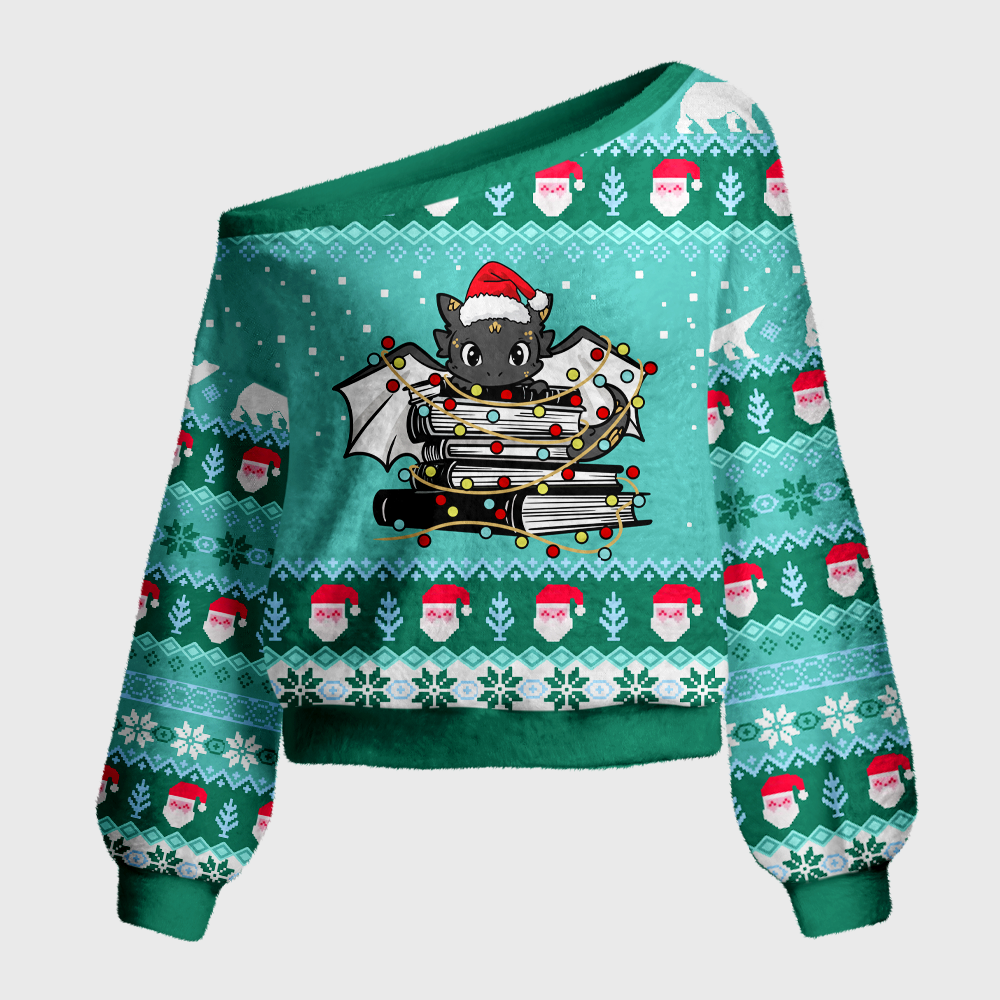 Pagewings Fantasy Bookish Off Shoulder Ugly Knit Sweater