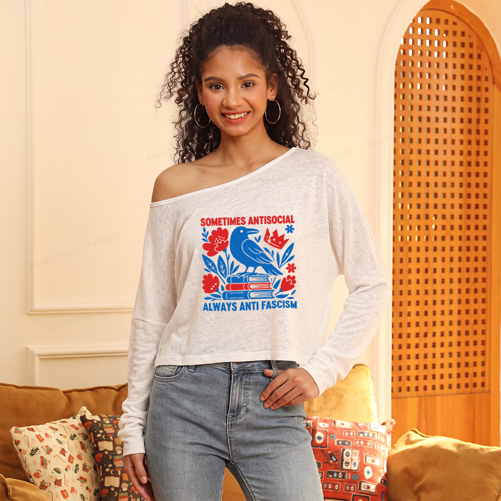 Pagewings Anti Fascism Slouchy Long Sleeve Off Shoulder T-shirt