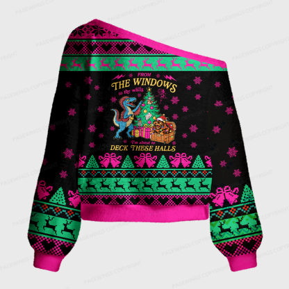 Pagewings Christmas Bookish Off Shoulder Ugly Knit Sweater
