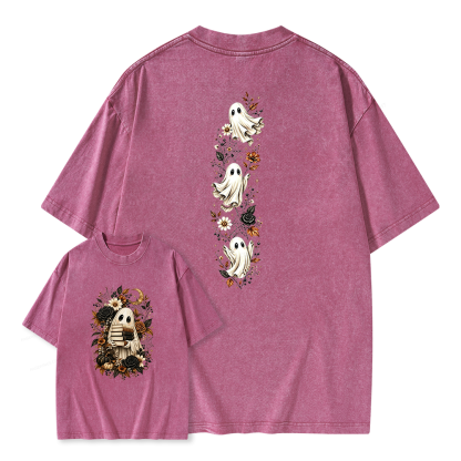 Pagewings Halloween Floral Ghost Bookish Unisex Washed T-shirt