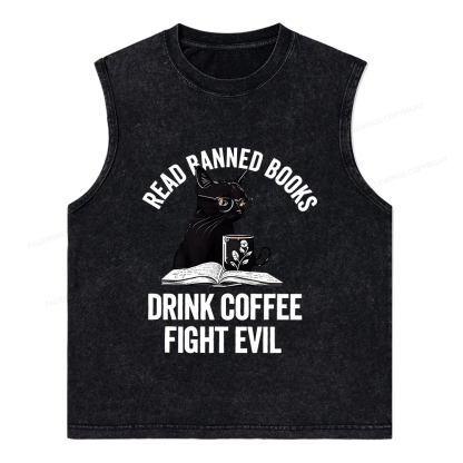 Pagewings Read Books Drink Coffee Fight Evil Shirt Unisex Washed Tank Top