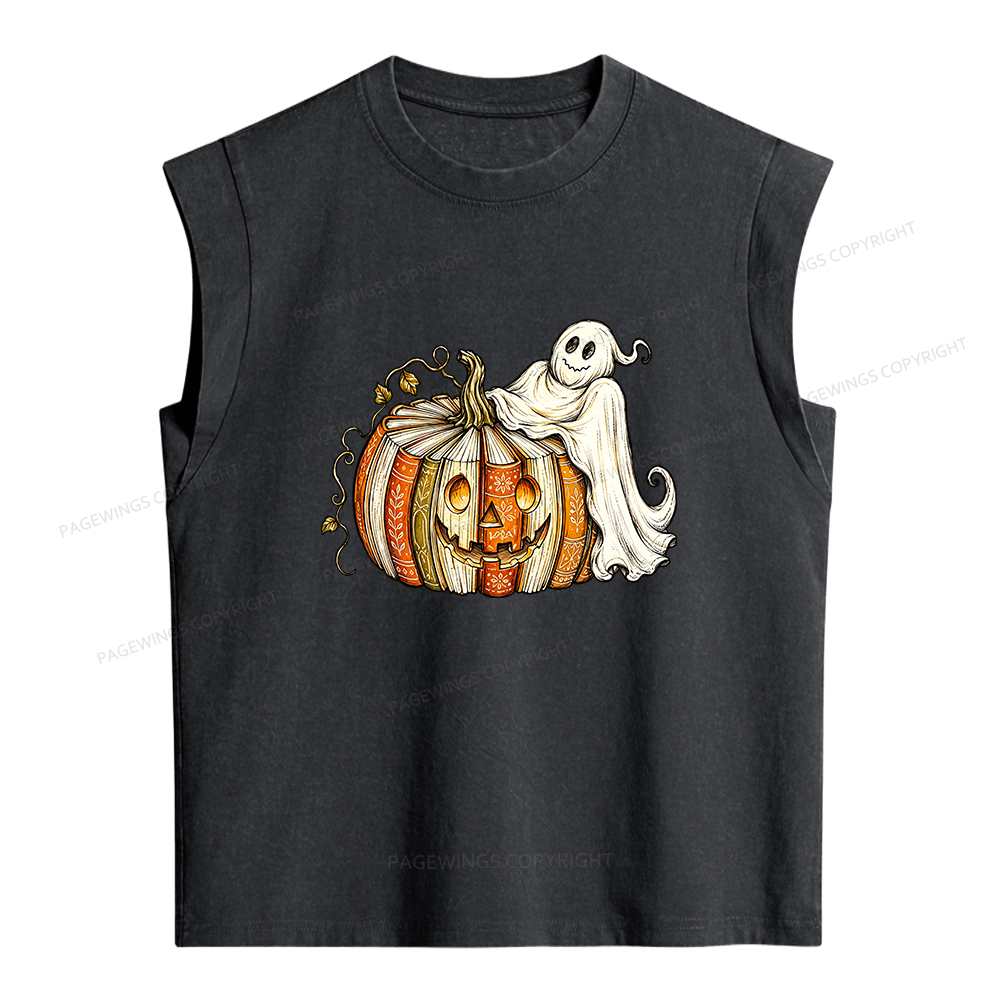 Pagewings Book Pumpkin Ghost Women's Washed Tank Top