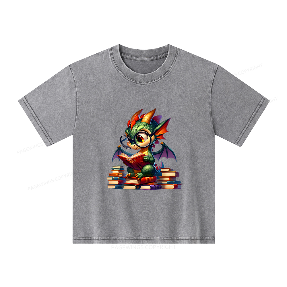 Pagewings Dragon And Books Unisex Kids Washed T-shirt