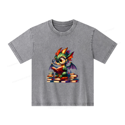 Pagewings Dragon And Books Unisex Kids Washed T-shirt