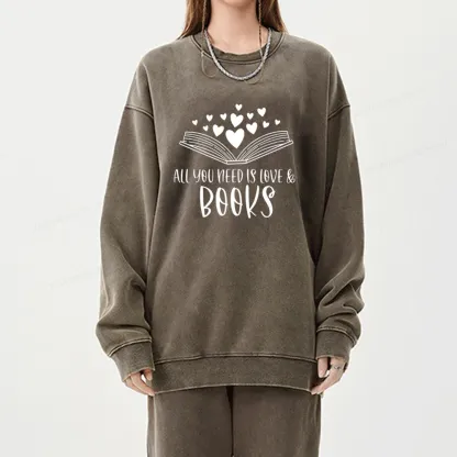 Pagewing All You Need Is Love & Books Unisex Washed Sweatshirt