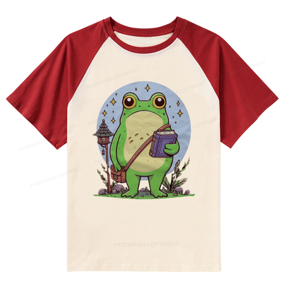 Pagewings Frog Reading Book Raglan T-shirt